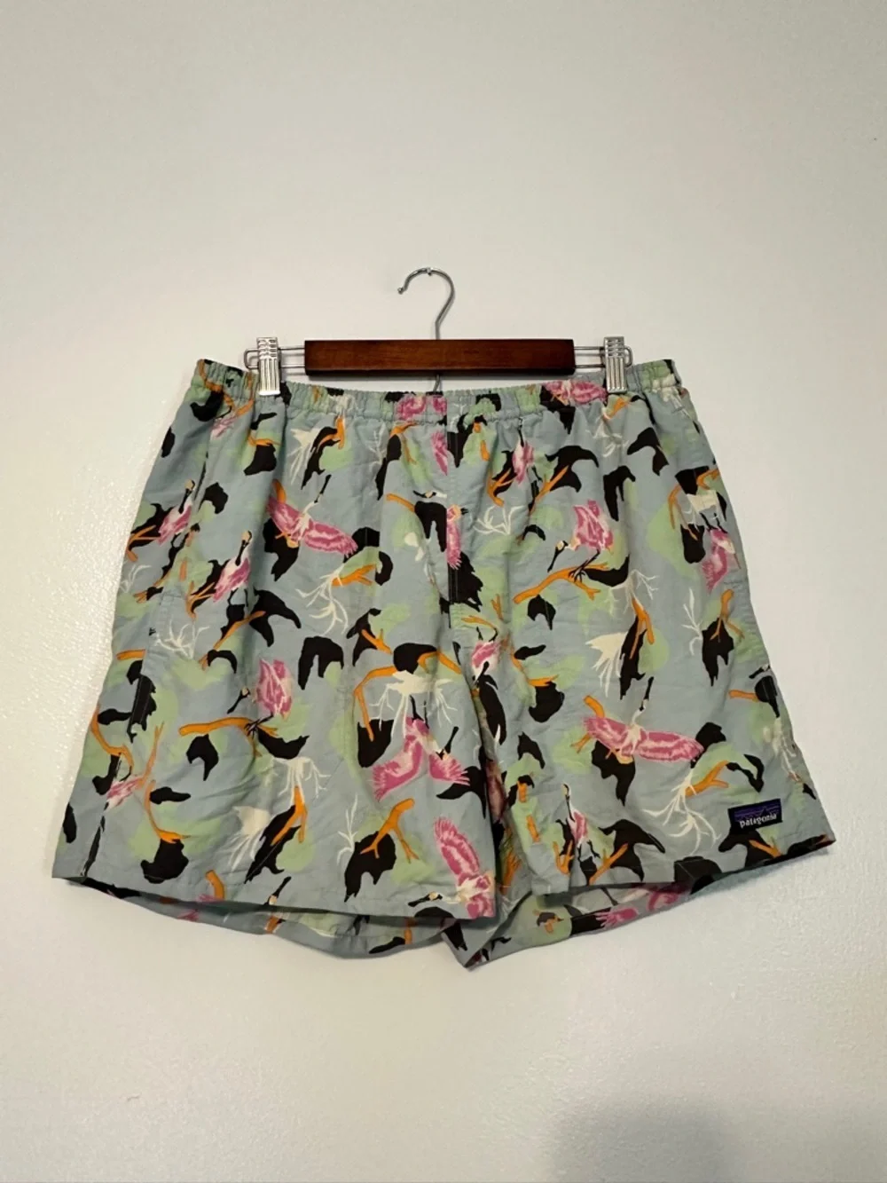 Patagonia Baggies Men’s Swim Shorts Blue Green Spoonbill Bird Print Lined Large